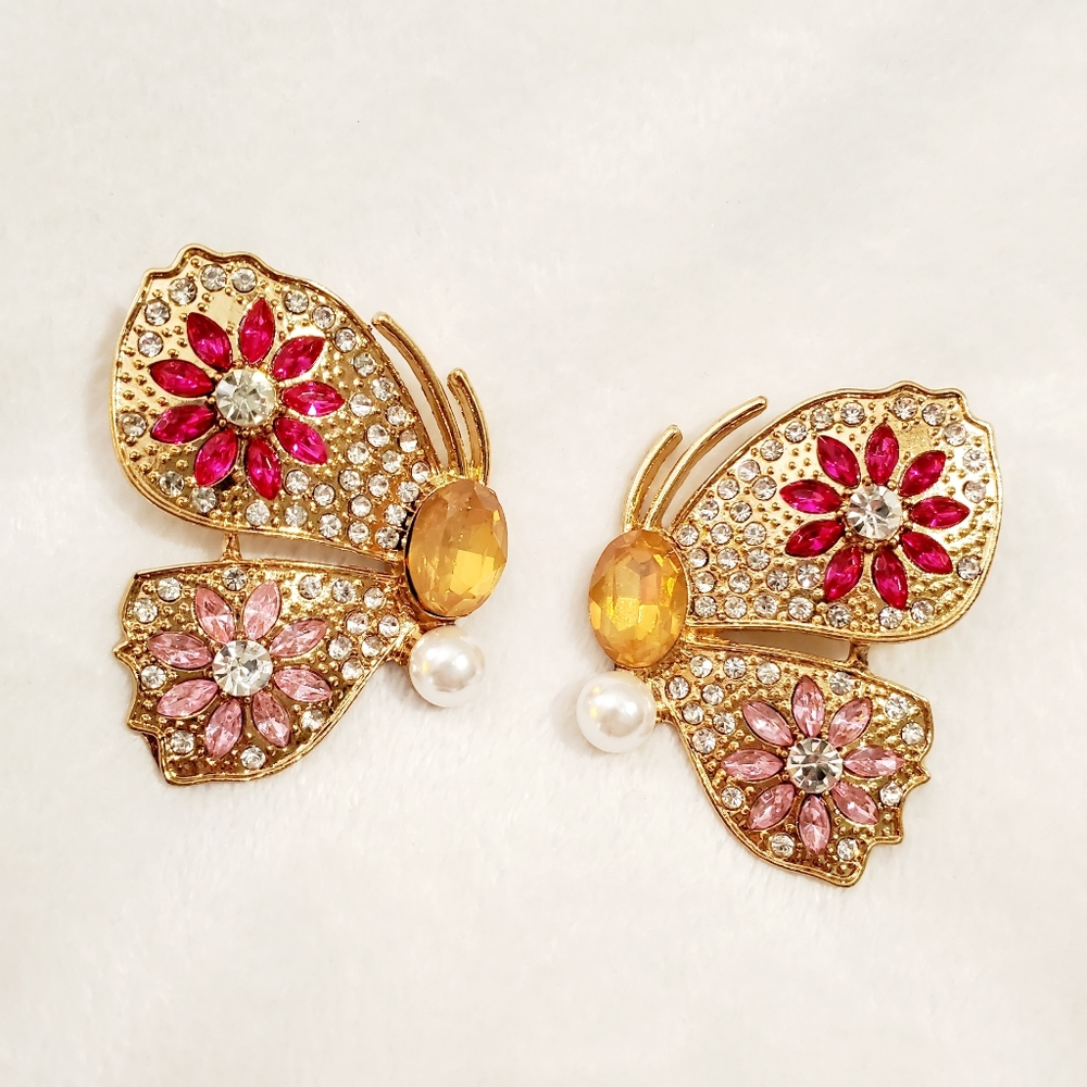 Large Retro Gold Plated Muticolor Crystal flower butterfly earrings - Picture 3 of 16